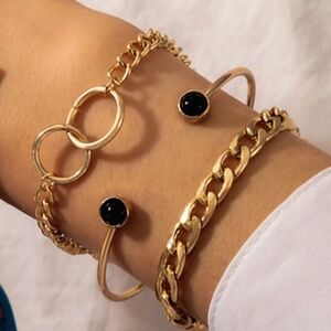 *NAYELI* 3-Pc Gold x Black Chain Fashion Bracelet Set